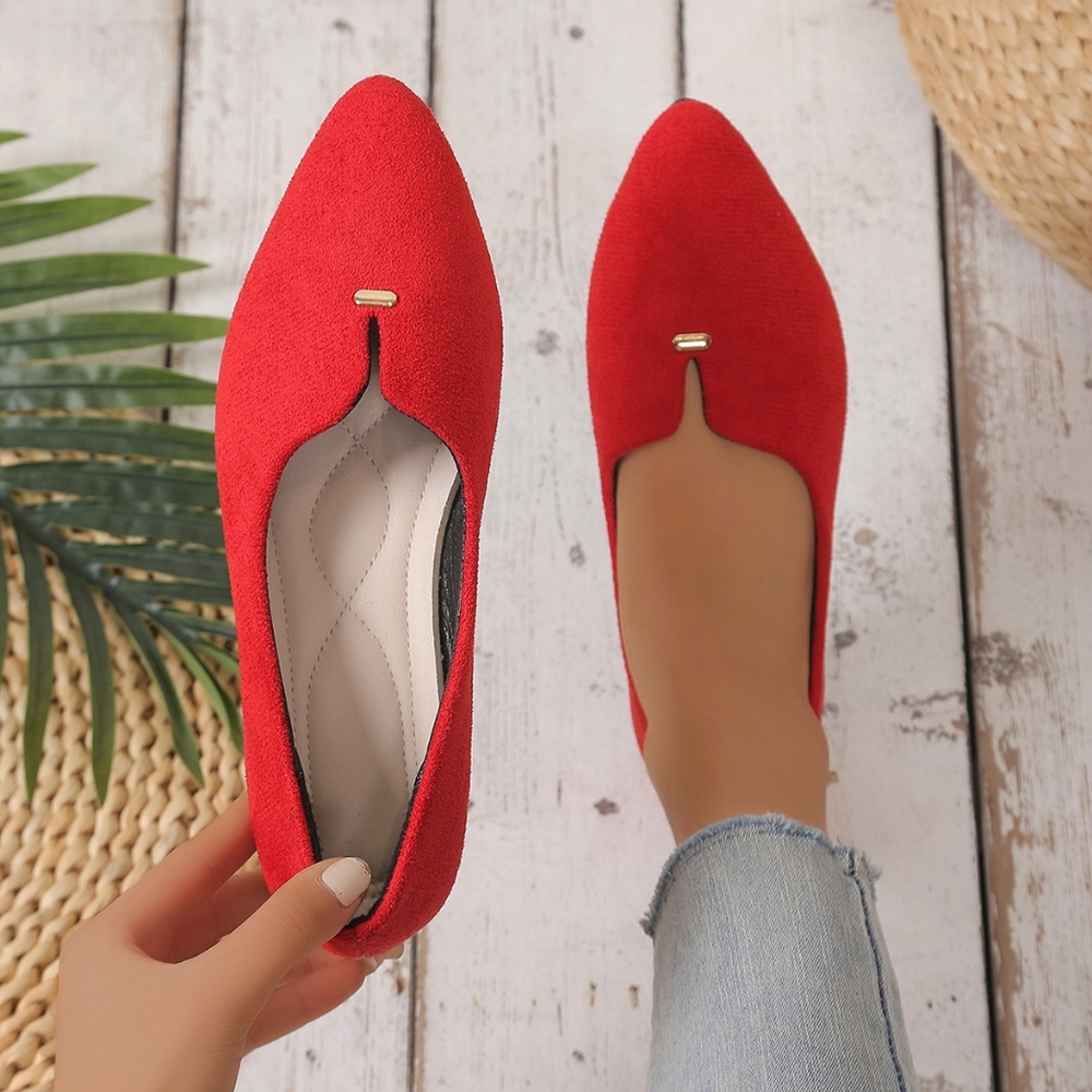 Gold Metal Pointed Toe Flat Soft Vegan Suede Minimalist Slip-On Ballet Shoes